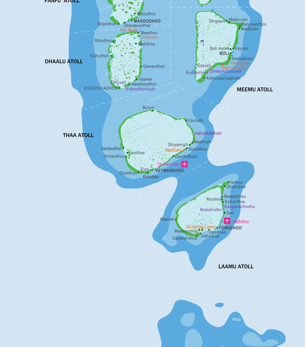 Malediven Karte mit Resorts und der Lage der Inseln