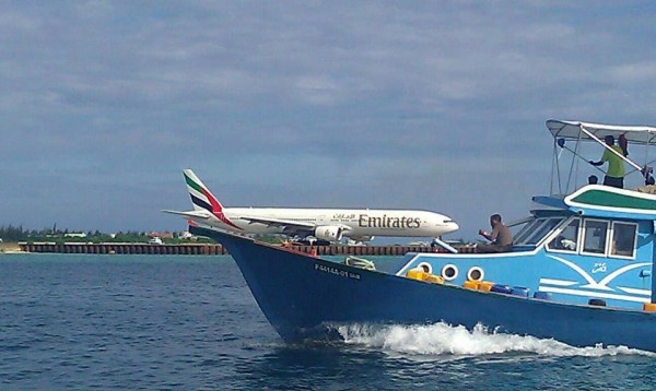 Emirates airline land on fishing boat