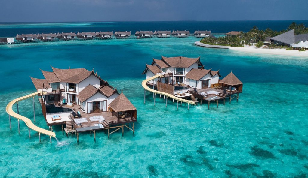 Aerial shot of Ozen Reserve Bolifushi Water Villas with Slides